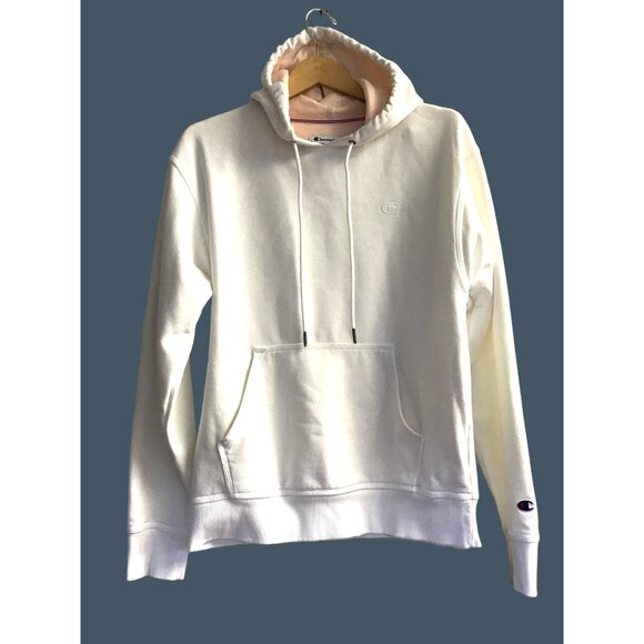 CHAMPION - MENS WHITE LONG SLEEVE KANGAROO POCKET HODDIE SIZE MEDIUM